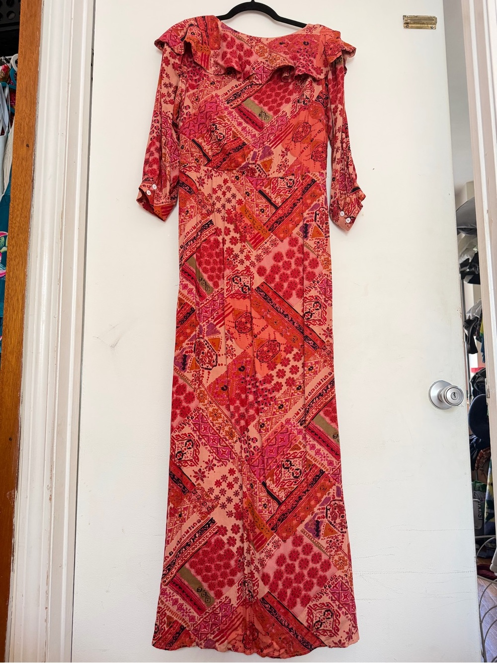 Free People Coral & Pink Patchwork Ruffle Maxi Dress